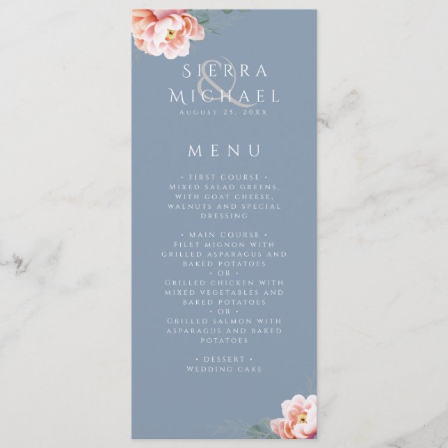 Menu Janto de Casamento Floral por Blush Azul Elegante (Frente)