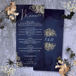 Menu Janto de Casamento Gótico Floral de Rosas Azuis da