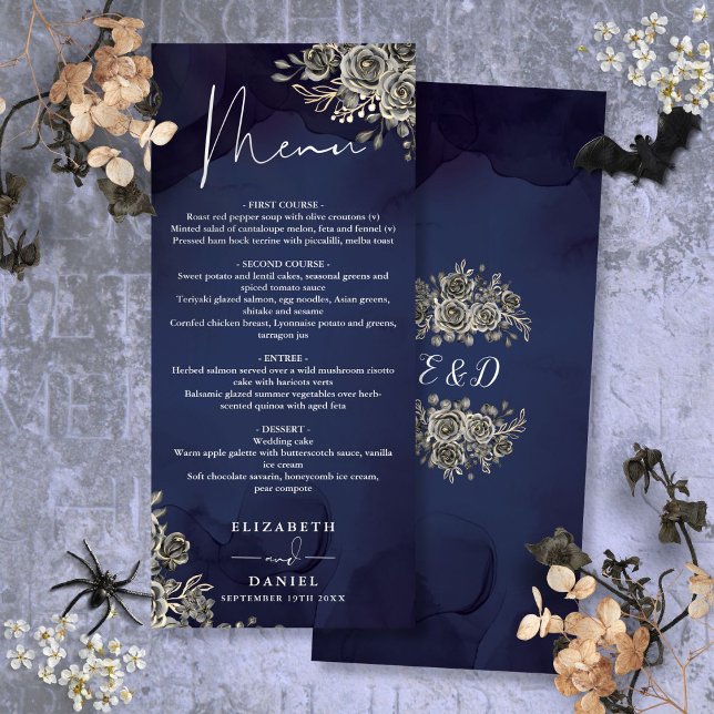 Menu Janto de Casamento Gótico Floral de Rosas Azuis da (Midnight Blue Roses Floral Gothic Wedding Dinner Menu)