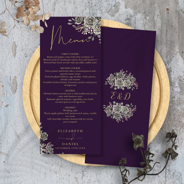 Menu Janto De Casamento Gótico Floral De Rosas Roxos E  (Purple And Gold Roses Floral Gothic Wedding Dinner Menu)