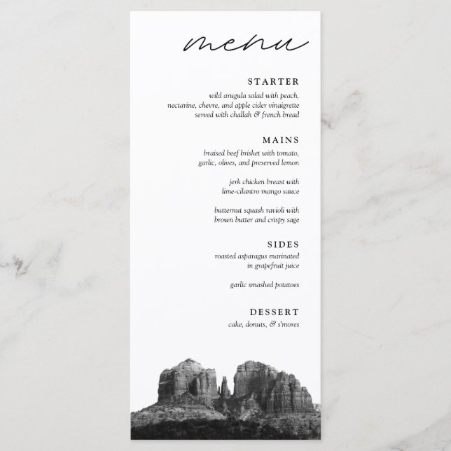 Menu Janto de Casamento Negro e Branco da Arizona Boho  (Frente)
