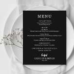 Menu Janto de Casamento Negro Elegante Simples de<br><div class="desc">Um cartão de menu jantado em preto mostra o menu em letras brancas quentes. Perfeito para uma recepção de casamento moderna, janto de ensaio de casamento, festa de aniversário ou qualquer evento especial com um janto sentado. Escolha QUALQUER FUNDO DE COR, qualquer texto de COR, qualquer letra! Personalize facilmente com...</div>