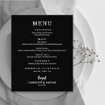 Menu Janto de Casamento Negro Elegante Simples de<br><div class="desc">Um menu janto preto apresenta o menu em letras brancas quentes. Perfeito para uma recepção de casamento moderna, janto de ensaio de casamento, festa de aniversário ou qualquer evento especial com um janto sentado. Excelente valor, impresso em papel branco mate não revestido, de peso de 80 lb, medindo 4, 5"...</div>