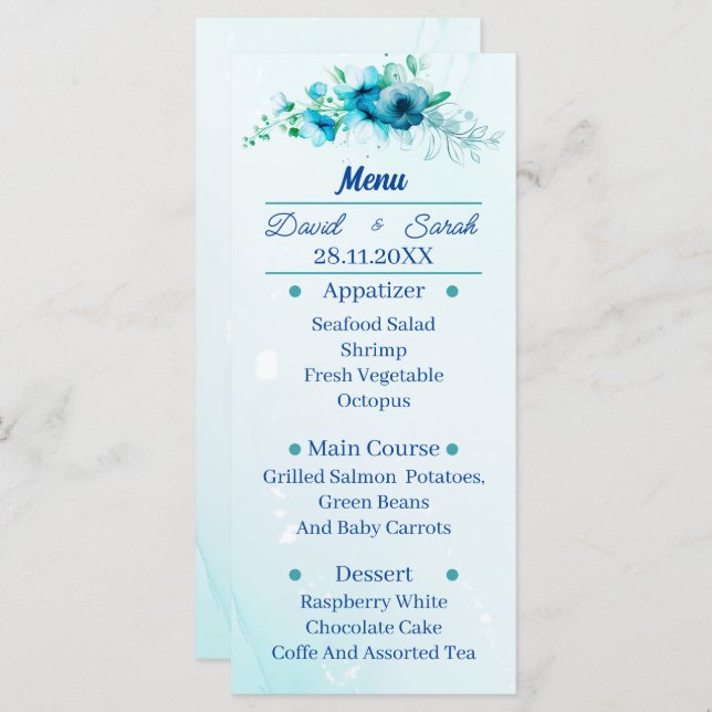 Menu Janto de Casamento Personalizado da Flor Azul Eleg (Frente/Verso)