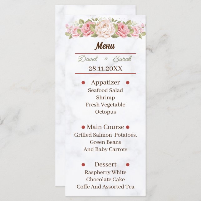Menu Janto de Casamento Personalizado de Flor de Rosa E (Frente/Verso)