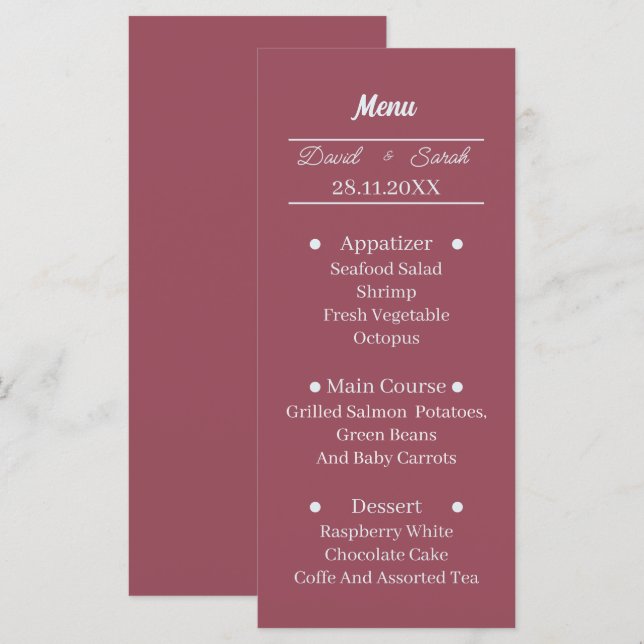 Menu Janto de Casamento Personalizado de Maroon Simples (Frente/Verso)