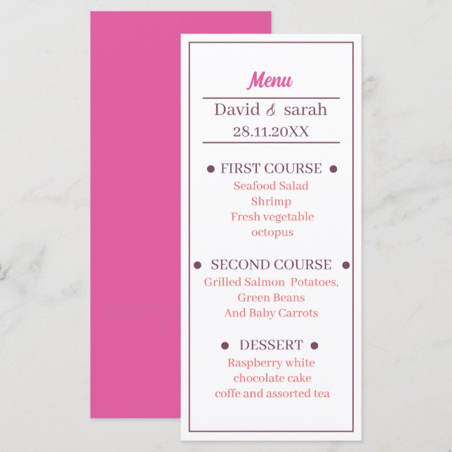 Menu Janto de Casamento Personalizado de Rosa leve Simp (Frente/Verso)