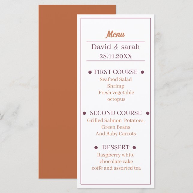 Menu Janto De Casamento Personalizado Simples Castanho  (Frente/Verso)