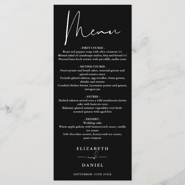 Menu Janto De Casamento Preto E Branco De Script Modern (Frente)
