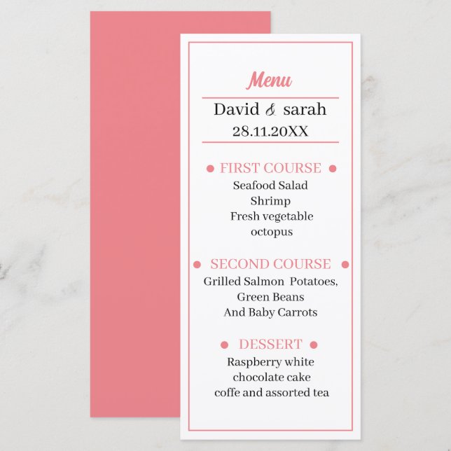 Menu Janto de Casamento Simples Light Rosa (Frente/Verso)