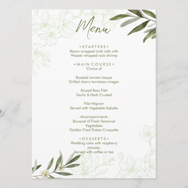 Menu Janto de Casamento Verde da Elegante Floral Botâni (Frente)