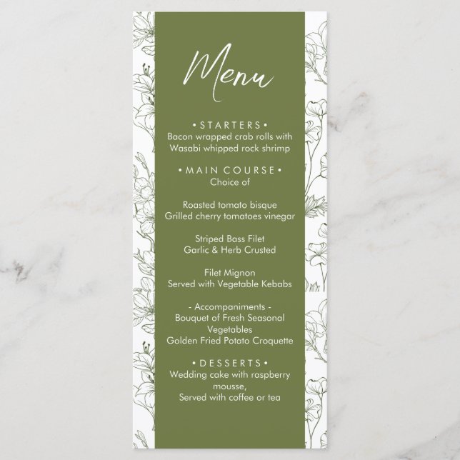 Menu Janto de Casamento Verde da Elegante Floral Botâni (Frente)