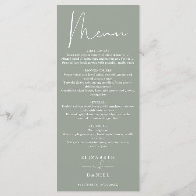 Menu Janto de Casamento Verde do Elegante Modern Script (Frente)