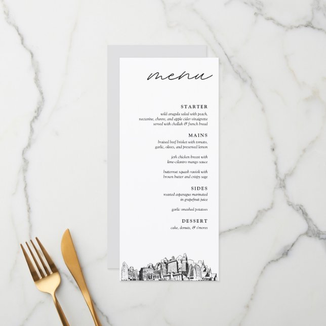 Menu Janto de Casamentos Modernos do Skyline Oakla (Frente/Verso In Situ)