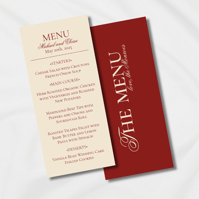 Menu Janto de Casamentos Vermelhos Brancos com Dinheiro (Classic Red with Modern Luxury Font Wedding Suite, a perfect elegant touch for the event.)