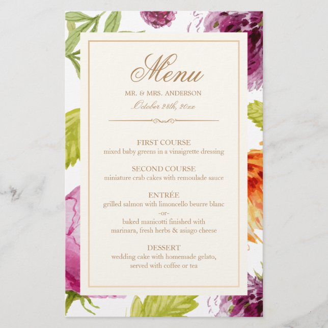 Menu Janto de Edição de Casamento Fácil Floral do  (Frente)