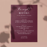 Menu Janto de ensaio da Borgonha | Noite Antes do Elega<br><div class="desc">Adicione um toque de elegância clássica ao seu janto de ensaio com este cartão de cardápio burgundy profundo. Projetado para o seu casamento "A Noite Antes", este layout minimalista de vinho tinto apresenta cores ricas e tipografia limpa para uma aparência moderna, mas eterno. O tom profundo e de ameixa torna-o...</div>