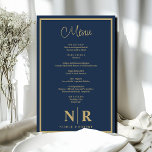 Menu Janto de ensaio personalizado do monograma de<br><div class="desc">Apresentando nosso menu de Janto personalizado do Monograma Azul e Dourado de Monograma - o epítome da elegância refinada para sua celebração especial. Elevem seu janto de ensaio, festa de noivado ou recepção de casamento com um toque de sofisticação que define o tom para uma experiência inesquecível de jantar. Criados...</div>