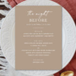 Menu Janto de ensaio Taupe | Noite antes do beige do En<br><div class="desc">Defina um tom refinado para "A Noite Antes" com este elegante menu de janto de ensaio numa paleta macia. Projetado para casais que amam linhas limpas e simplicidade moderna, este cartão de menu minimalista bege enfumaçado é perfeito para eventos de casamento neutros, contemporâneos ou ternais. Ideal para jantadas de ensaio...</div>