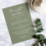 Menu Janto de ensaio verde Sage | Noite Antes<br><div class="desc">Defina um tom sereno para "A Noite Antes" com este menu verde de janto de ensaio. A cor suave, suja e o layout minimalista limpo o tornam ideal para o jardim, a floresta ou os temas de casamento boho - especialmente em primavera, verão ou outono antecipado. Projetado com estilo e...</div>
