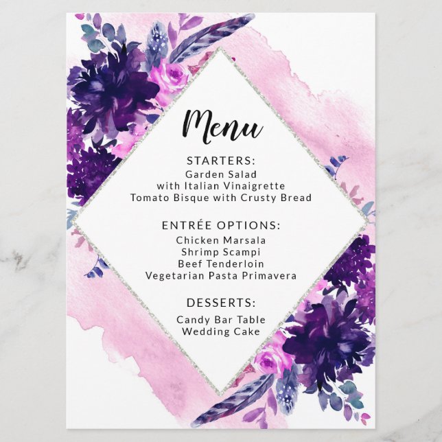 Menu Janto de Recepção de casamento de Aquarela Puro Fl (Frente)