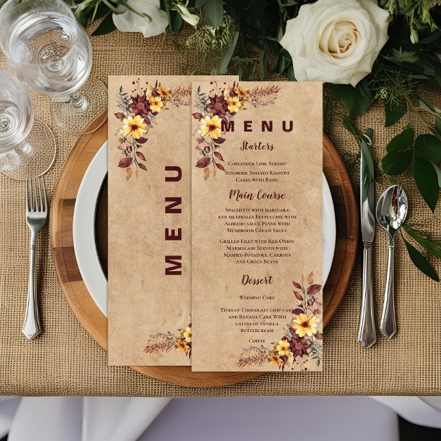 Menu Janto de Recepção de Casamento outono Amarelo (Yellow Burgundy Fall Wedding Reception Dinner Menu)
