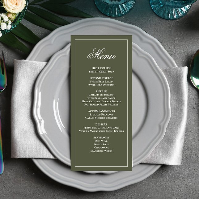Menu Janto de Script de Casamento Verde-Oliva (Elegant olive green classic wedding dinner menu.)
