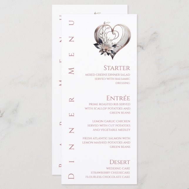 Menu janto e Bar - Coração Rosa Moderno com Flores (Frente/Verso)