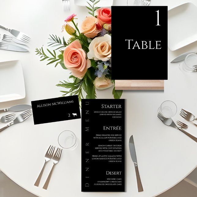 Menu Janto e Bar de Casamento - Preto e Branco- (Minimalist Modern Black and White Wedding-Place cards-Table sign, Dinner Menu)