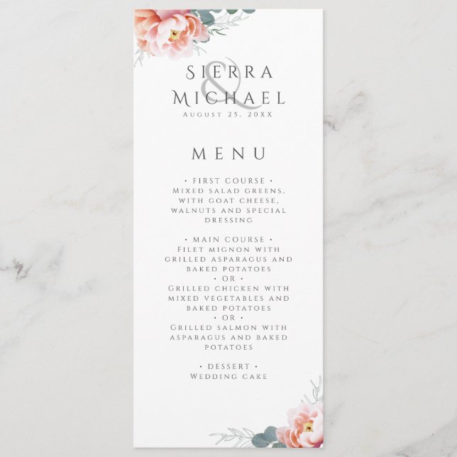 Menu Janto Elegante Blush Pink Floral  de Casamento de  (Frente)