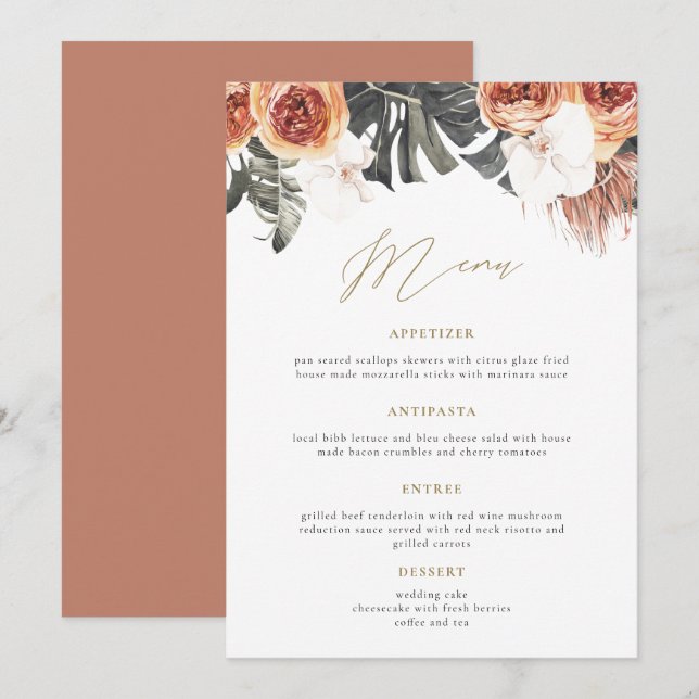 Menu Janto Floral de Casamento KINSLEY Boho Terrac (Frente/Verso)