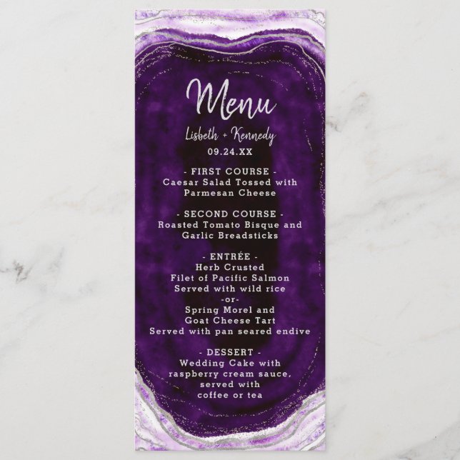 Menu Janto Marble de Agato de Geodo Roxo e Prata Ametis (Frente)