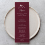 Menu Janto Montanha Silhuette Branca Burgundy<br><div class="desc">Este cartão de janto da montanha da silhueta branca e burundada é perfeito para um casamento rústico. O design apresenta montanhas limpas pintadas manualmente. Este menu pode ser usado para recepção de casamento,  janto de ensaio,  chá de panela ou qualquer evento.</div>