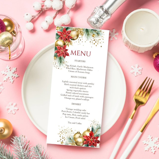 Menu Janto natalício cor d'água poinsetos de ouro verme (Christmas dinner party template menu card watercolor red  poinsettia gold baubles elegant menu card)