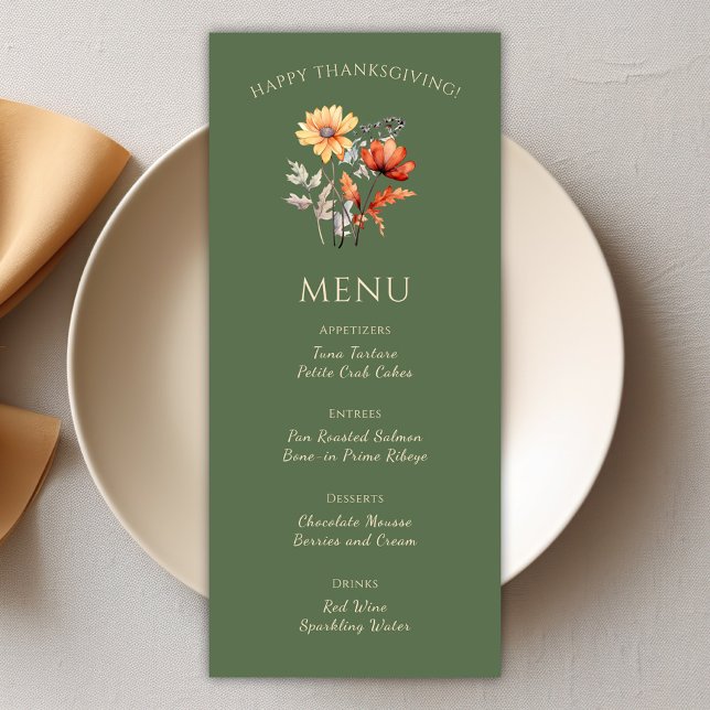 Menu Janto Russo Moderno de Ação de Graças Verde (Modern Rustic Olive Green Thanksgiving Dinner Menu)