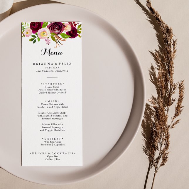 Menu Janto Rustic Blush Burgundy Floral Calliografia (Criador carregado)