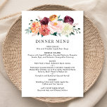 Menu Janto Rustic Burgundy Blush Fall Floral Casamento<br><div class="desc">O design de cardápio de janto de casamento apresenta um texto na moda que pode ser completamente personalizado, acentuado por um verão rústico e cair no design de aquarela floral com belos rosas, dahlias, flores de pénia, e verde, numa bela paleta de outono de vermelho-lenhoso, amarelo-ouro, laranja-cor-de-pêssego, rosa-pincel e tons...</div>