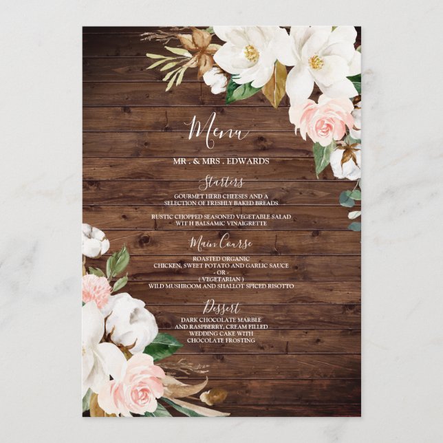 Menu Janto Rustic Wood Weding Blush & White Flowers (Frente)