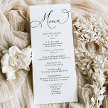 Menu Janto Simples de Casamento Preto e Branco<br><div class="desc">Projetado para coordenar com a nossa coleção de casamento do Romantic Script,  este cartão de Menu personalizável,  apresenta um texto de caligrafia de script abrangente,  emparelhado com uma letra serif clássica em preto com um monograma personalizável no verso. Itens correspondentes disponíveis.</div>