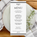 Menu Janto Simples de Monograma Preto e Branco<br><div class="desc">Um menu de janto de casamento chic elegante e preto. Que apresenta modelo de chic de fundo branco sólido e tipografia negra. E monograma ou iniciais no topo. Com listras pretas no fundo e no topo.</div>