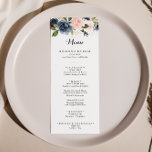 Menu Janto Simples Elegante de Caligrafia Floral de inv<br><div class="desc">Este elegante e simples cartão de janto de caligrafia floral é perfeito para um casamento moderno. O design apresenta belas flores azuis escuras, azuis, marinhos, rosa, pinceladas, douradas e folhagem verde pintadas manualmente, amontoadas em buquês elegantes. Este menu pode ser usado para recepção de casamento, janto de ensaio, chá de...</div>