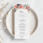 Menu Janto Tropical Colorida Summer Floral<br><div class="desc">Este cartão de janto floral tropical de verão é perfeito para um casamento moderno. As design ilustrações ilustram as flores brancas, cor-de-rosa, esbranquiçadas, burgundy e roxas elegantes organizadas em belos buquês com folhagem verde. Este menu pode ser usado para recepção de casamento, janto de ensaio, chá de panela ou qualquer...</div>