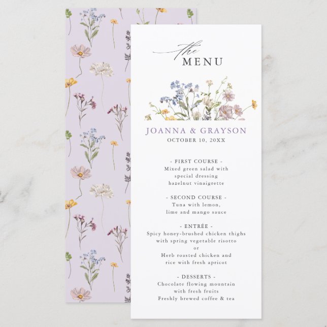 Menu Jardim de Casamento de Prado de Flores Silvestres  (Frente/Verso)