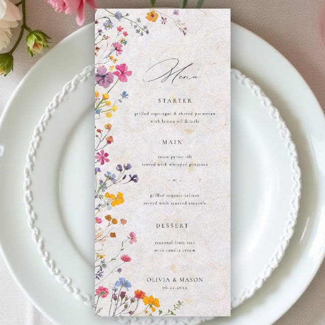 Menu Jardim de Flores Silvestres Casamento Floral Moder (wildflower wedding menu watercolor garden backyard barn summer spring elegant blush pink)