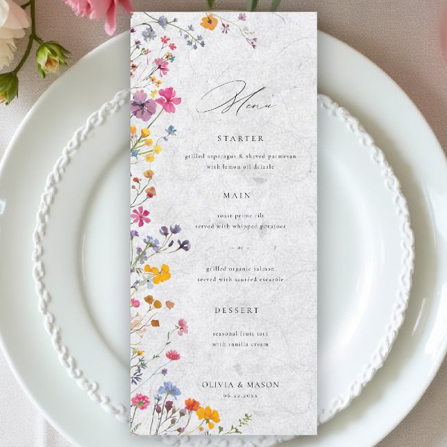 Menu Jardim de Flores Silvestres Moderno Floral Marfim  (wildflower wedding menu watercolor garden backyard barn summer spring elegant ivory white)