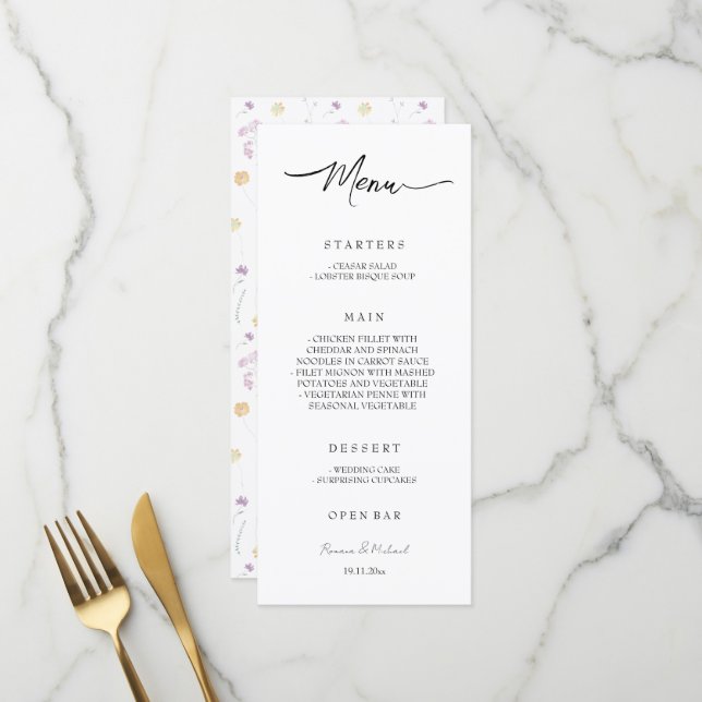 Menu Jardim Floral de Fadas Artísticas em Aquarela (Frente/Verso In Situ)
