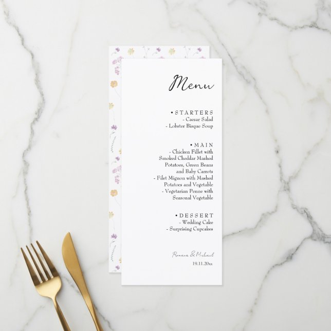 Menu Jardim Floral de Fadas Artísticas em Aquarela (Frente/Verso In Situ)
