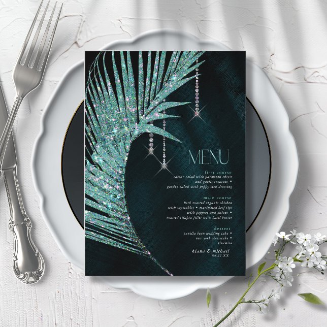 Menu Jewel Palm Leaf Wedding Teal ID830 (Criador carregado)