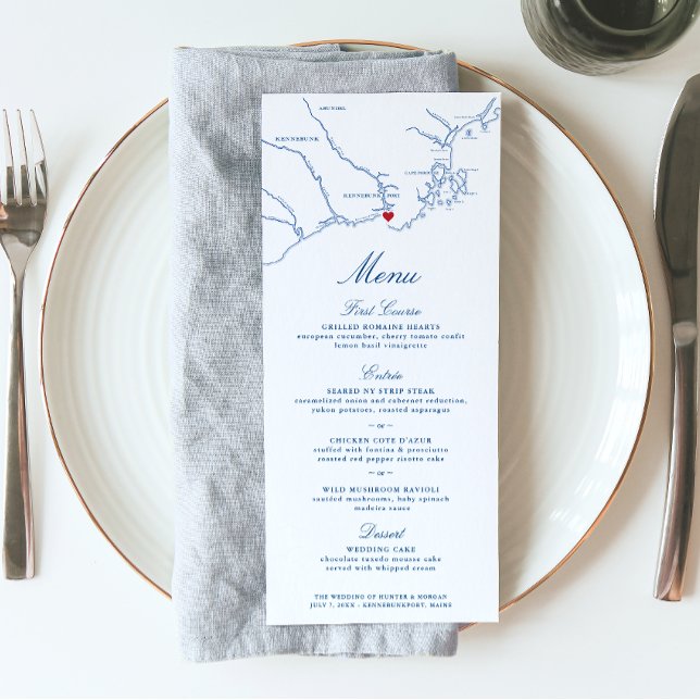 Menu Kennebunkport Maine Map Casamento Elegante de Mari (These navy blue Kennebunkport map wedding menus are perfect for your destination wedding to Maine)