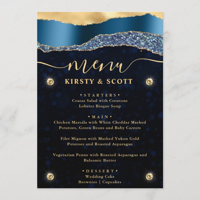 Menu Lágrimas Glam de Azul e Dourado Bokeh Casamento (Frente)